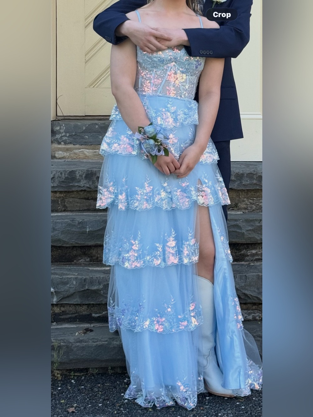 Dave & Johnny Pastel Blue Tiered High-Low Prom Gown